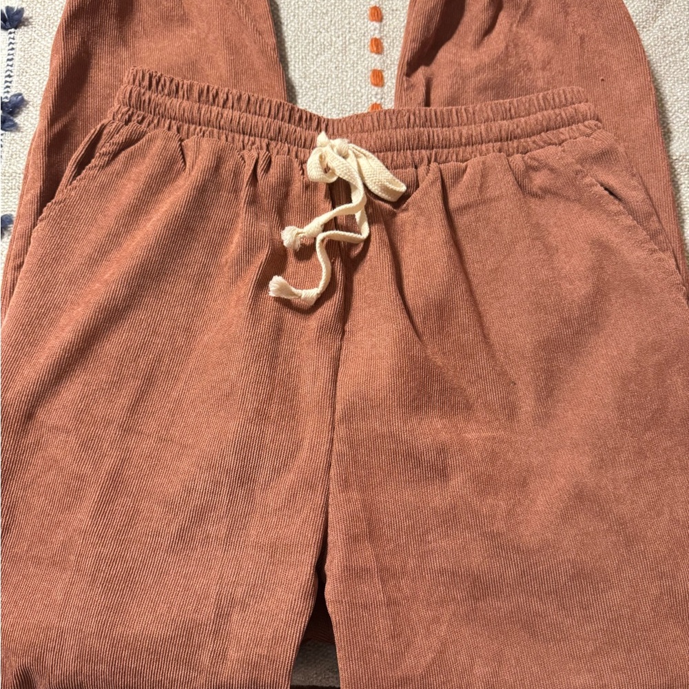 Terracotta Lightweight Cordouroy Joggers with Elastic Waistband and Drawstring